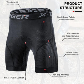 Shorts de ciclismo X-TIGER, roupa interior 5d acolchoado esportes equitação bicicleta mtb forro shorts com apertos de perna antiderrapantes, gênero masculino - BELANGAR