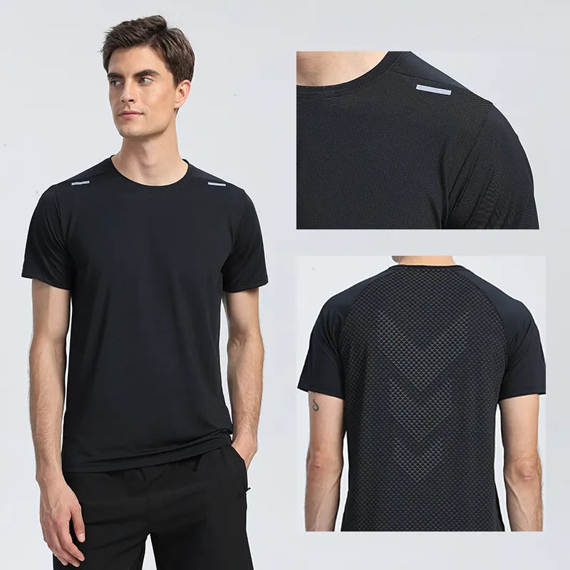 Camiseta de secagem rápida para corrida, esportiva fitness para treino de academia, respirável, casual para corrida, gênero masculino - BELANGAR