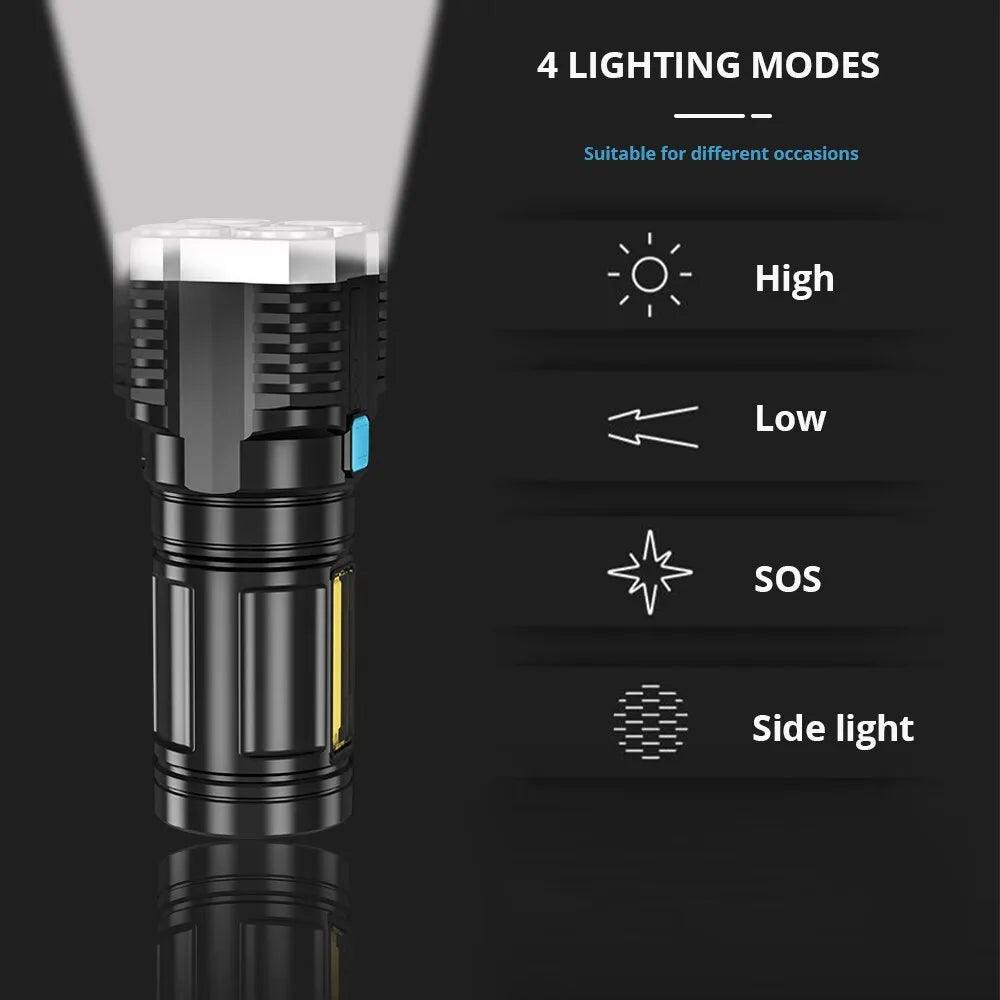 Lanternas LED portátil alta potência, recarregável, 4 lâmpada, Luz lateral COB, 4 modo de iluminação - BELANGAR