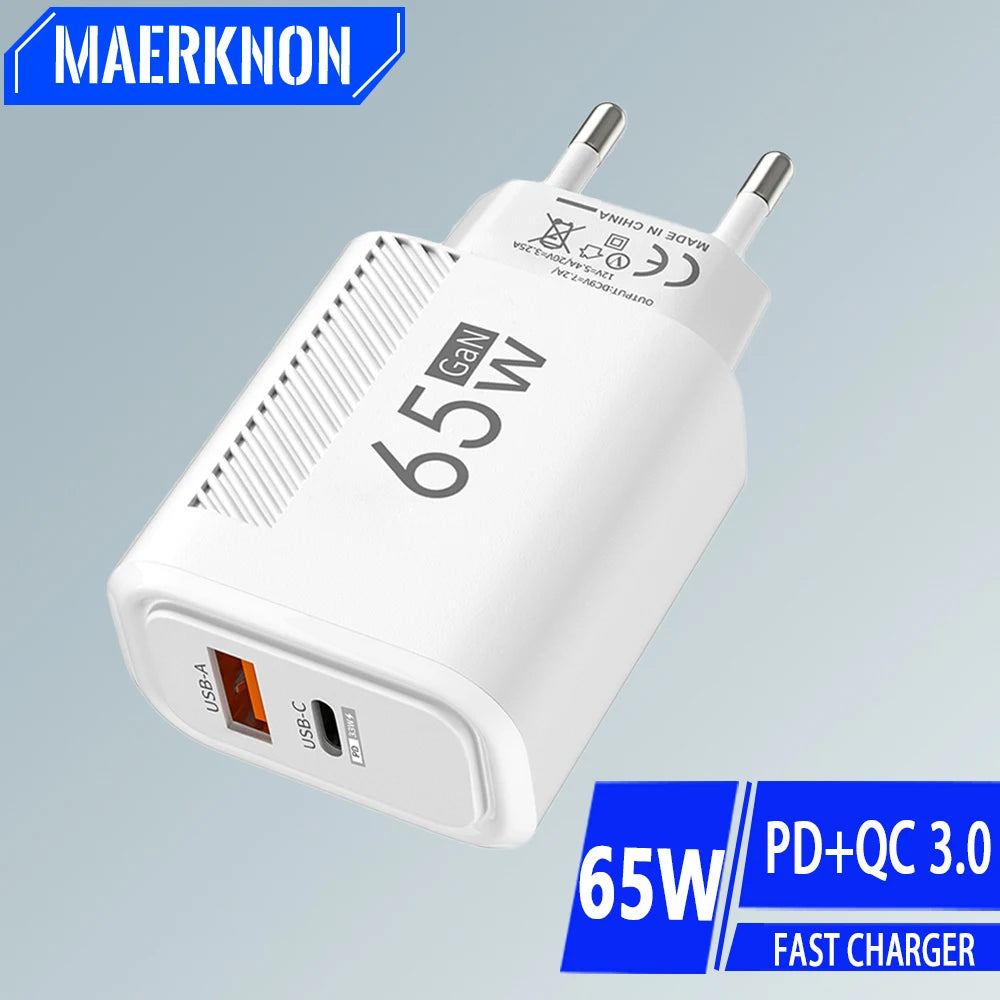 Adaptador Carregador para telefone, USB e Tipo C, Carga Rápida, 65W, iPhone 14, Xiaomi, Samsung, Huawei - BELANGAR