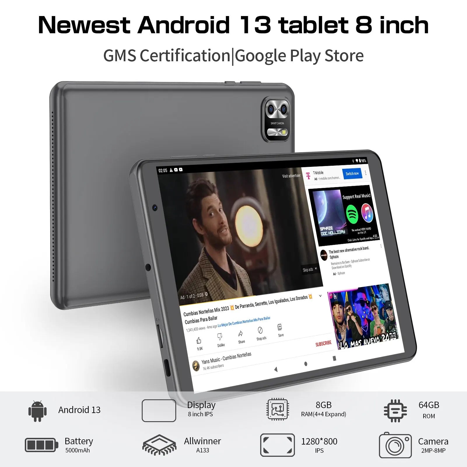 Tablet Android 13 PRITOM 8", 8GB(4+4 Expand) 64GB,1TB Expand, Tela IPS 1280x800, com câmera dupla, 5000mAh Bateria, Wi-Fi