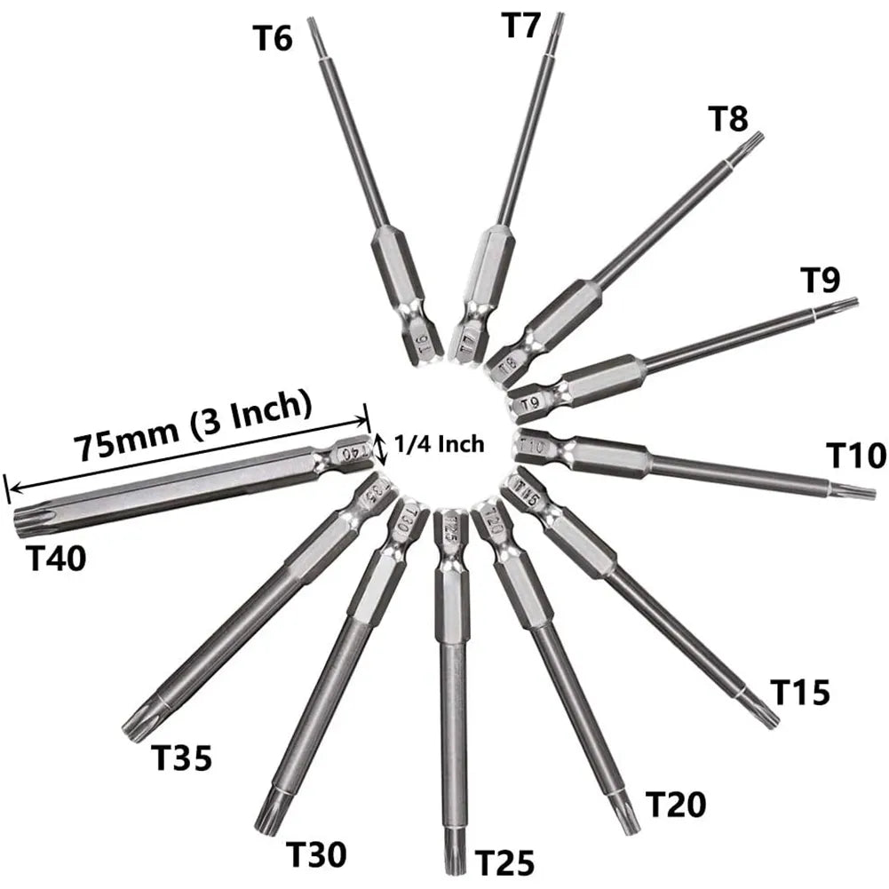 Jogo de Chave Bit Torx longa alta qualidade, 1/4 ", 75mm, 100mm, 11Pcs - BELANGAR