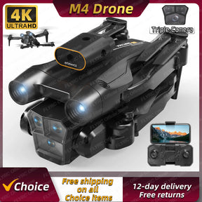 Drone m4 rc 4k profissional com ângulo amplo, câmera tripla hd, wi-fi, fpv, avental de sustentação de altura